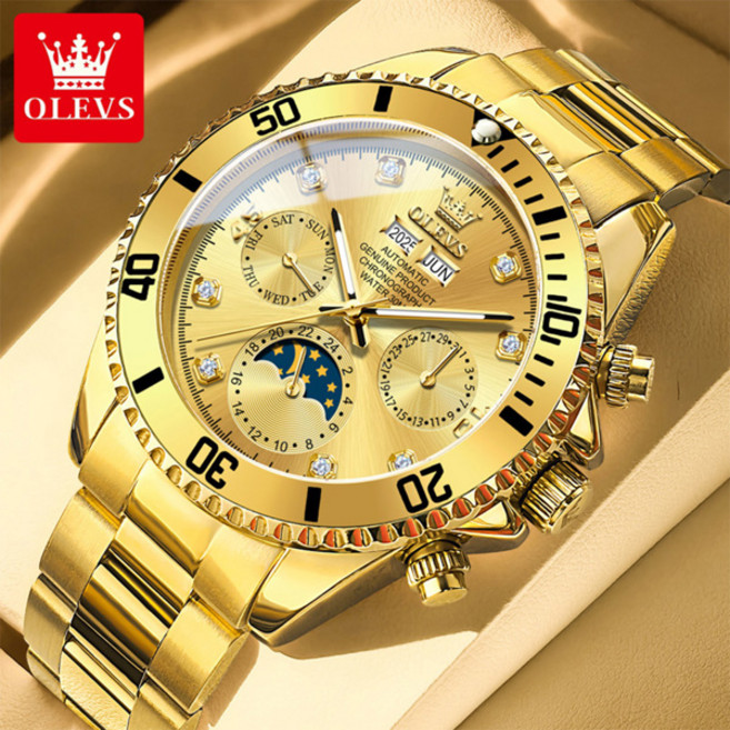 호환 OLEVS 6729 남성용 시계 완전 자동 식 시계 방수 스테인리스 스틸 문페이즈 남성용 선물, [01] All Gold