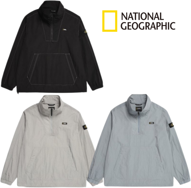 [국내 매장 정품] 내셔널지오그래픽 우븐 세미 오버핏 아노락 점퍼 하이넥 반집업 바람막이