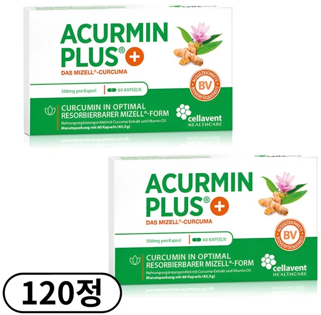 Cellavent 셀라벤트 헬스케어 Acurmin Plus 커큐민 심황 60캡슐 2팩, 60정, 2박스 - 쿠팡