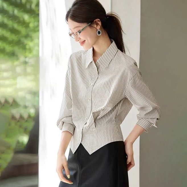 VEZRI 여성 봄 가을 오피스룩 블라우스 허리조임 슬림핏 오피스 출근룩 셔츠 상의 F88