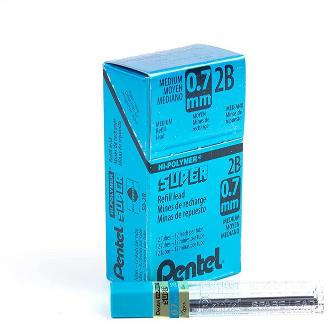 Pentel 수퍼 하이폴리머 리필 샤프심 0.7mm 미디엄 2B 샤프심 144개입 (50-2B) 그레이, Pentel 수퍼 하이폴리머 리필 샤프심, 0.7mm,