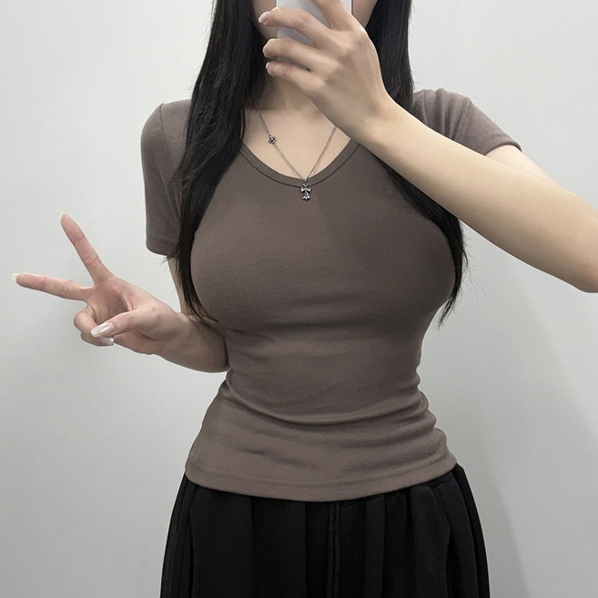 VANANA2 국내제작여성의류 옆셔링 허리잘록 브이넥 기본이너티 무지티 반팔 티셔츠