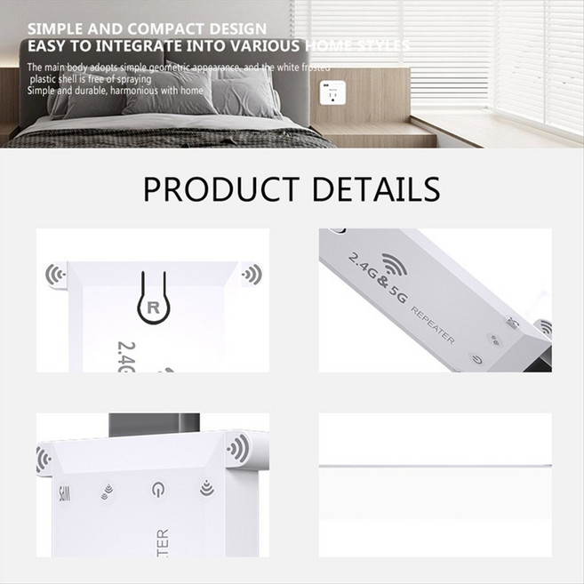Wi -Fi Extender USB 휴대용 2.4G/5G WiFi 리피터 1200mbps WiFi 신호 익스텐더 증폭기 무선 라우터 장거리 범위, 하얀색
