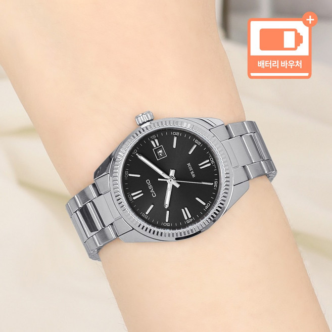 카시오 실버 라운드 5기압 방수 플루티드 여자 정장 데일리 스틸 메탈시계 + 배터리 바우처