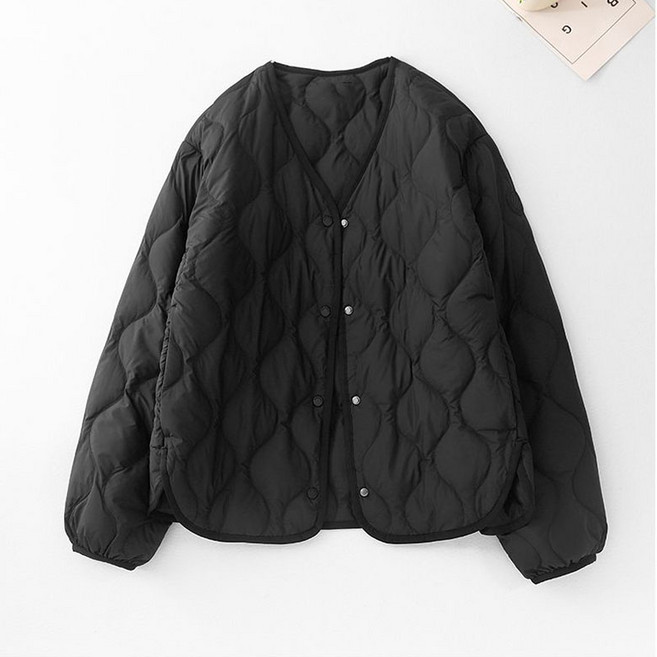 ORZQU 겨울 여성 루즈핏 브이넥 경량 패딩 캐주얼 누빔 하프 코트