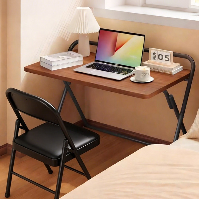 무설치 완제품 학생 접이식 컴퓨터 책상 의자 세트 사무실 공부 독서 서재 테이블 세트, 브라운