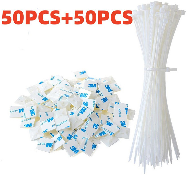 100pcs 자동 나일론 케이블 나일론 사각형 플라스틱 자체 접착 와이어 지퍼 고정 시트 홀더 케이블 마운트베이스, 3x150mm 20x20 1, white 100pcs