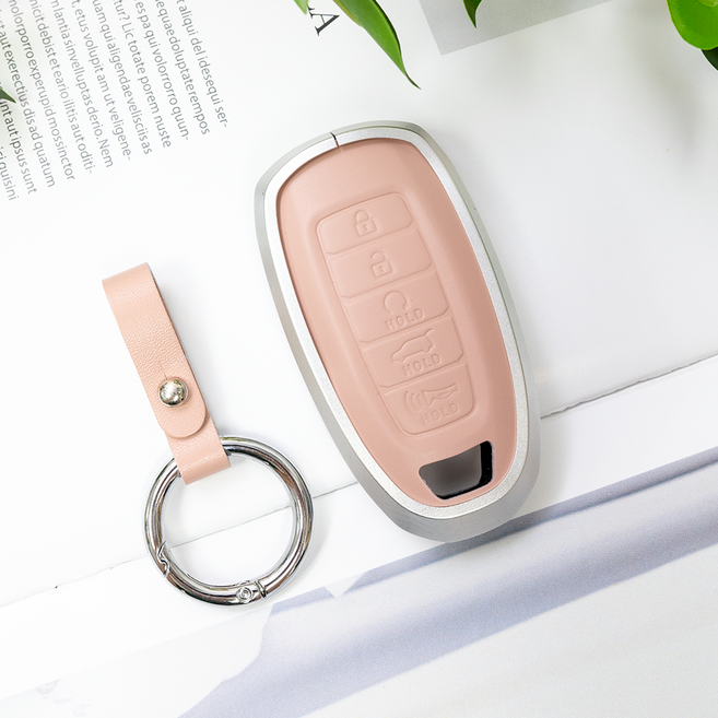 바이어블 현대 펠리세이드 캐스퍼 EV 코나 호환 크롬 가죽 차키케이스, 5버튼(U14), 실버핑크