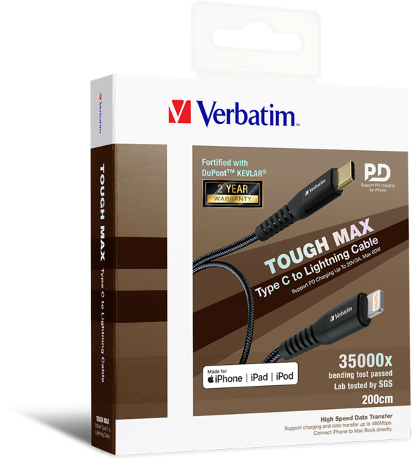 버바팀 C to 8 라이트닝 케블라 케이블 200cm, 블랙, 1개