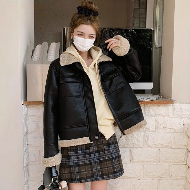 HAM 가을 겨울 빈티지 도톰한 패치 숄 칼라 가죽 퍼 일체형 스웨이드 코트 무스탕 점퍼