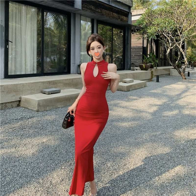 DFMEI 高級改良旗袍晚禮服長裙女春夏御姐氣質新中式開叉掛脖連衣裙