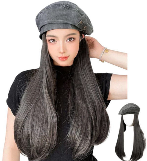 가발위드 긴머리 스트레이트 일체형 모자가발 흑청 베레모, 1개, 블랙브라운