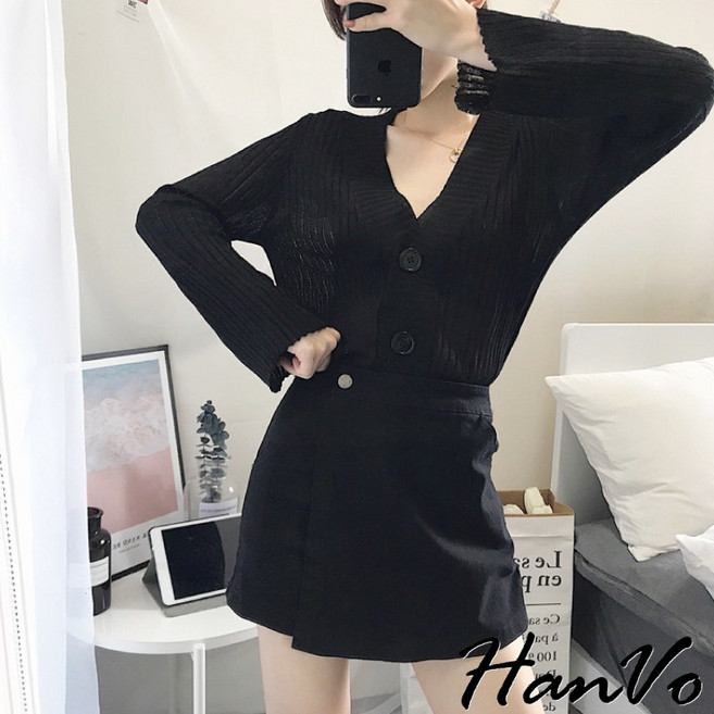 HanVo 不對稱一片式褲裙 簡約百搭高腰A字短裙 韓國女裝