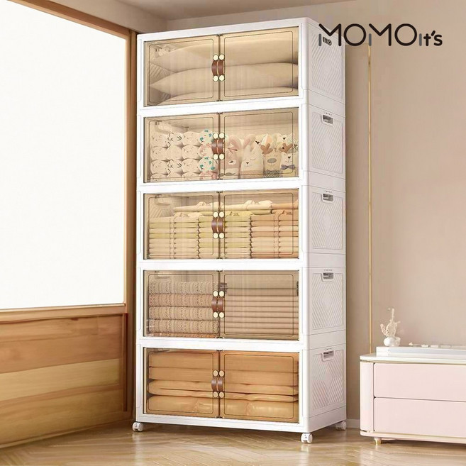 모모이츠 대용량 리빙박스 가정용 다용도 이동식 폴딩 수납 정리함, 5단