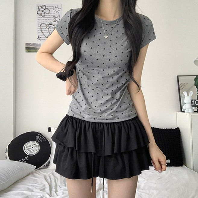 [가격실화?/3col] 라임 도트 땡땡이 크롭 반팔 티셔츠