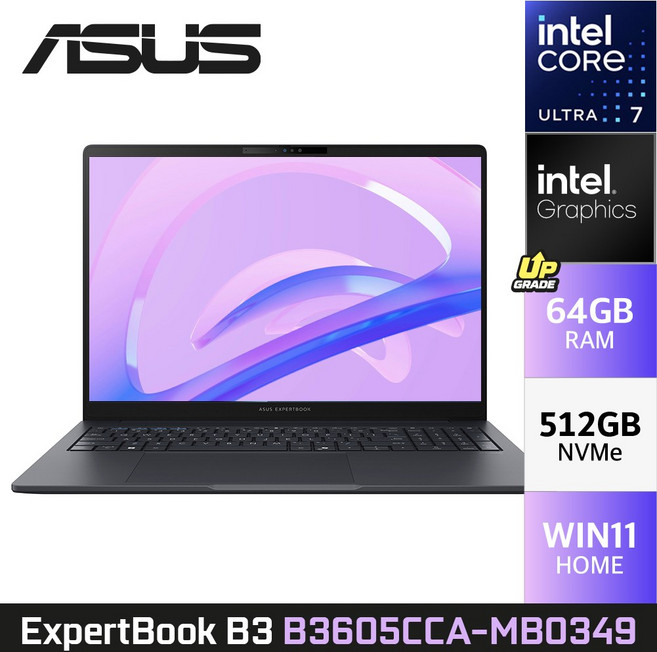 ASUS ExpertBook B3 B3605CCA-MB0349 Ultra7 16인치 노트북, WIN11 Home, 64GB, 512GB, 그레이