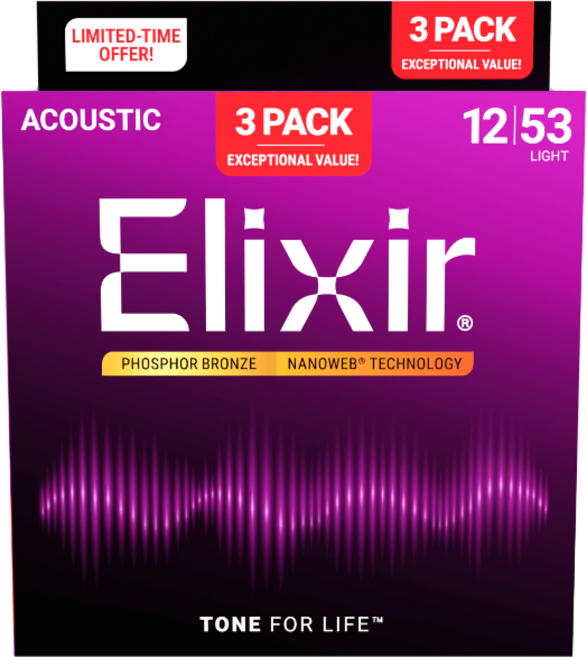 [공식수입정품] 엘릭서 3팩 16569 Elixir Nanoweb Phosphor Bronze 3Pack Light 나노웹 포스포브론즈 라이트 기타줄 구16545 (12-53), 1개