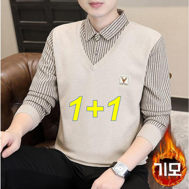 카카보보 1+1 패션 남성용 셔츠넥 기모 니트티 긴팔 보온 가짜 투피스 니트 스웨터 빅사이즈 긴팔티