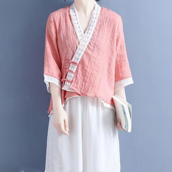 ORZQU 봄 여름 여성용 면 마 레이스 우아한 저고리 롱스커트 투피스 세트 개량한복 생활한복