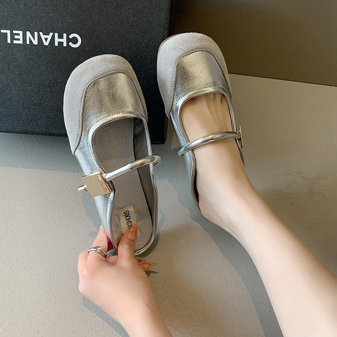 [초특가]POMTOR 여성 사무실용 슬리퍼 반샌들 프렌치 엘레강스 콤비 쿠션 뮬샌들