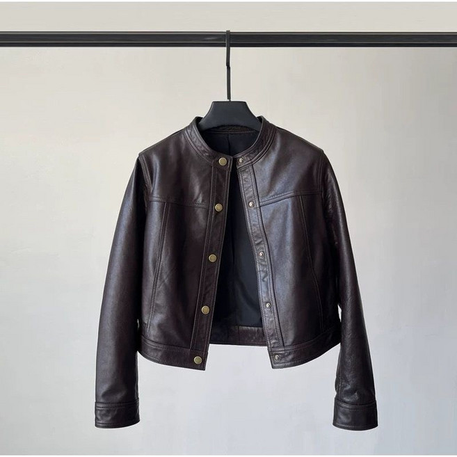 AOKADA 여성용 레더 라운드 숏 자켓 레트로 버튼 캐주얼 상의