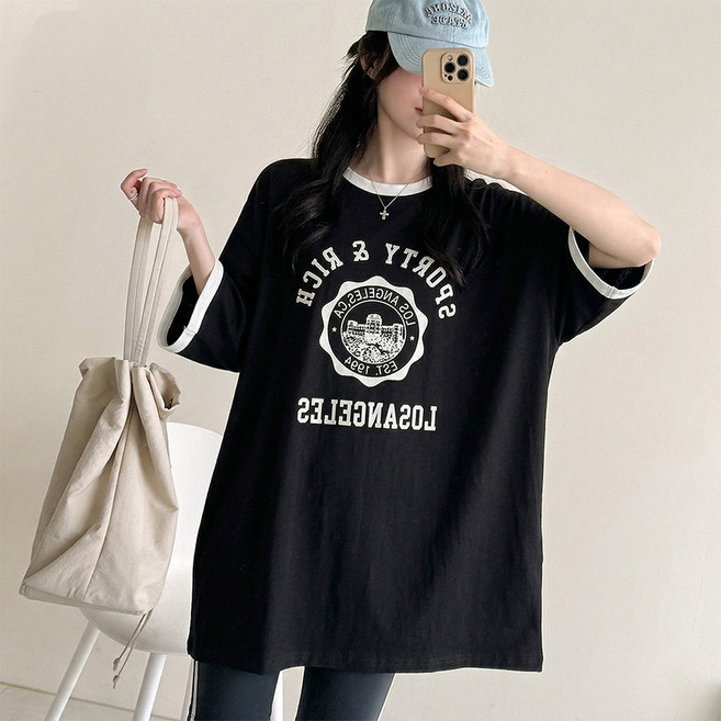 데일리앤 크레용 여성 빅사이즈 오버핏 배색 레터링 롱 링거티셔츠 봄 여름 레깅스티