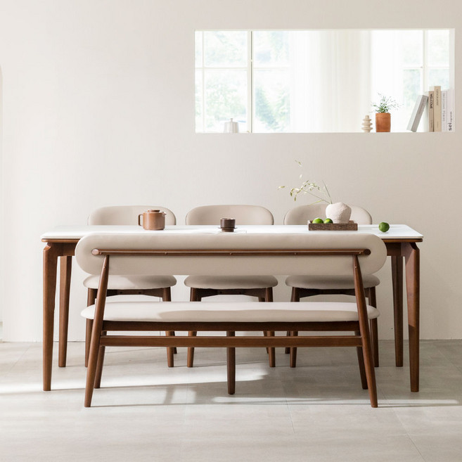 장인가구 해롤드 포세린 세라믹 다이닝 사각 6인 1800 식탁 테이블 세트+의자3개+벤치, 내추럴, 화이트