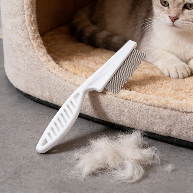 반려동물 촘촘 벼룩빗 스테인리스 이빠리 미끄럼방지 손잡이 강아지 고양이 그루밍 빗, 1개, 화이트_대형_18cm
