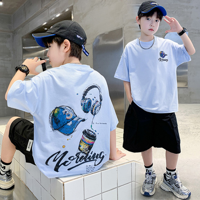 비비키드 주니어 상의 하의 세트 남아 여름 세트 초중생 모자 일러스트 반팔티 반바지 초등생 상하세트 (NANTONGMAO)