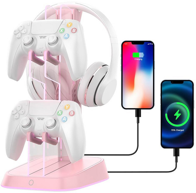 RGB 조명 Xbox 시리즈 X/S 게임 컨트롤러 및 게이머 데스크톱 액세서리용 투명 충전 스테이션 USB 도크가 있는 BIFONODKR 헤드폰 스탠드 & 홀더(핑크), Pink