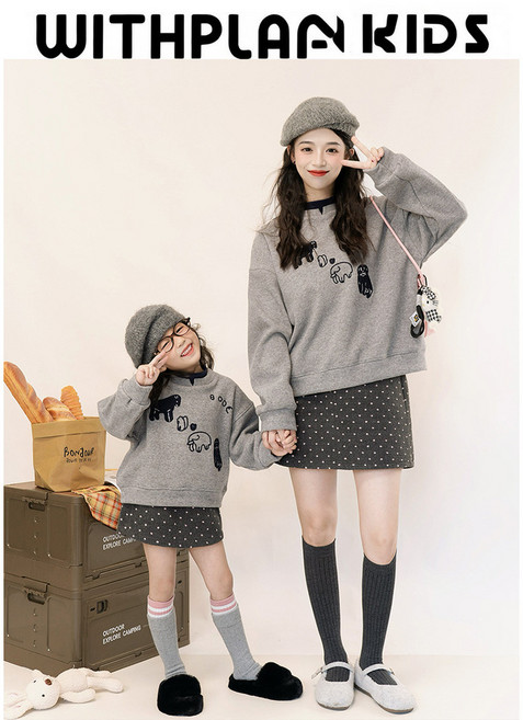 親子裝冬季新款母女裝絨衫兒童仿羊絨加厚毛巾刺繡衛衣 圖色