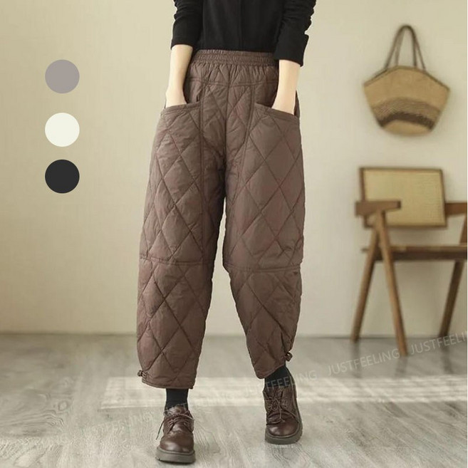 JUSTFEELING 밴딩 패딩바지 루즈핏 빅사이즈 캐주얼 방한바지 누빔 패딩 긴바지 중년여성 웰론솜바지 편하게 가을겨울 따뜻한 외출바지 와이드 팬츠
