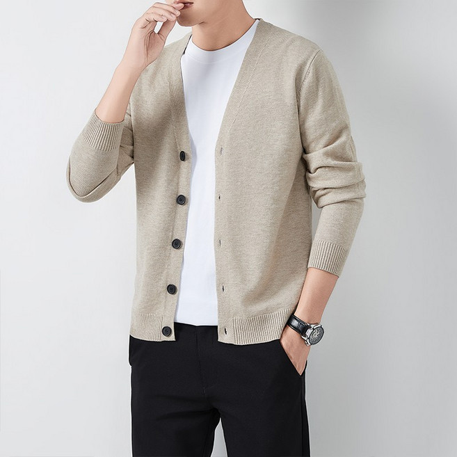 남성용 부드럽고 편안한 순색 브이넥 니트 가디건 캐주얼 데일리 봄가을룩 8007