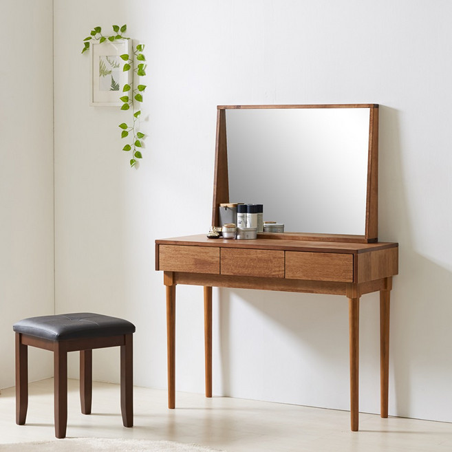 알베로 콘솔 원목 화장대 + 거울 + 원목의자 세트, 월넛