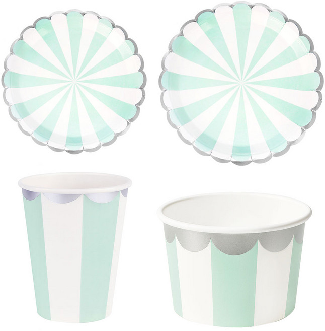 홈파티 피크닉 4종 10입세트 풀패키지 [스트라이프 민트] 캠핑 여행 일회용 종이 접시 그릇 컵, 1개, 1개입