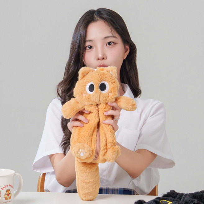 말랑마쥬 큐트캐릭터 애착 필통 봉제인형 파우치 새학기 학생 필통꾸미기, 1개, 고양이_치즈