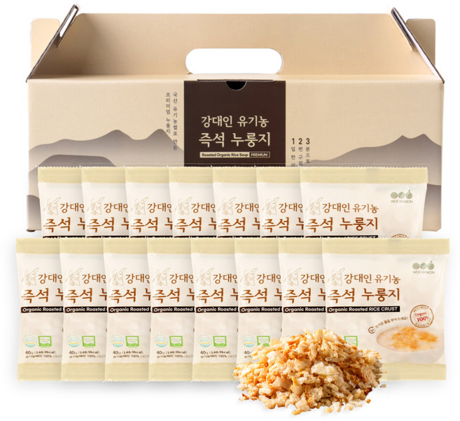 [우리원] 강대인 유기농 쌀로 만든 3분 즉석 누룽지 100% 국산 옛날 가마솥 누룽지 맛있는 아기 어르신 간편 식사 간식, 15개, 40g