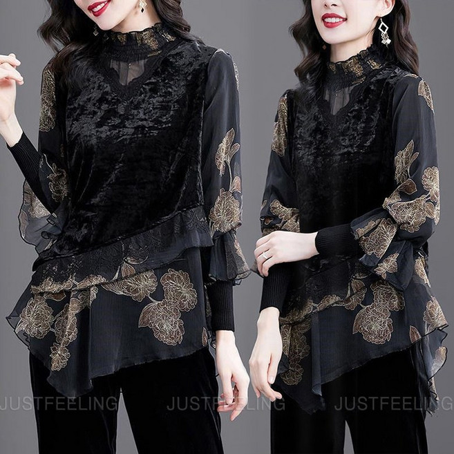 JUSTFEELING 여성 티셔츠 맨투맨 중년여성 긴팔 맨투맨 봄 가을 라운드 빅사이즈 티셔츠 D10U