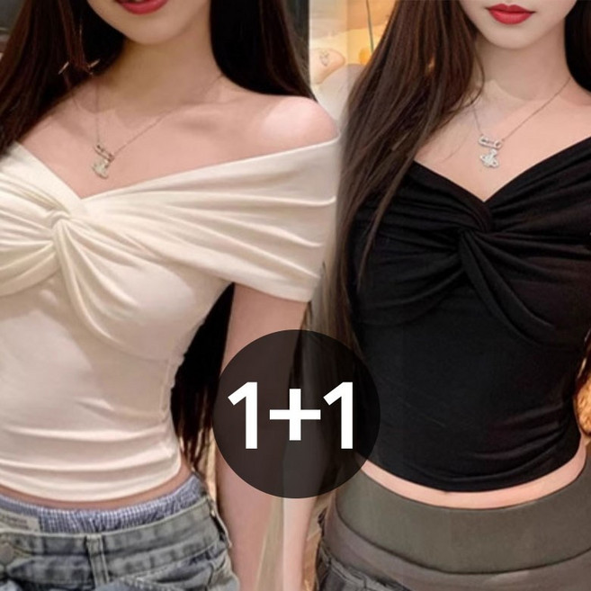 아이엠몽 여성 슬림핏 오프숄더 꼬임 셔링 티셔츠 세트