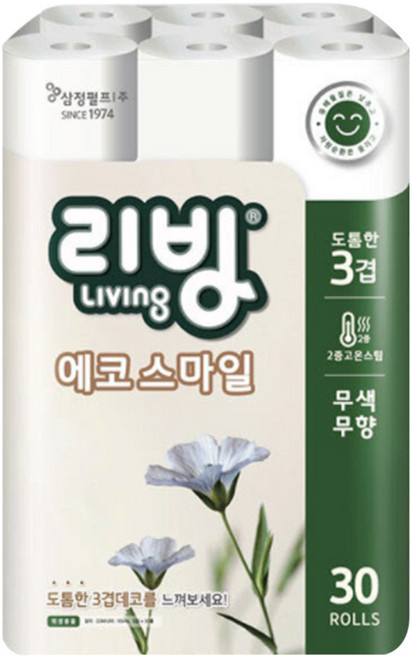 리빙 에코스마일 3겹 22m 30롤 화장지, 30개입