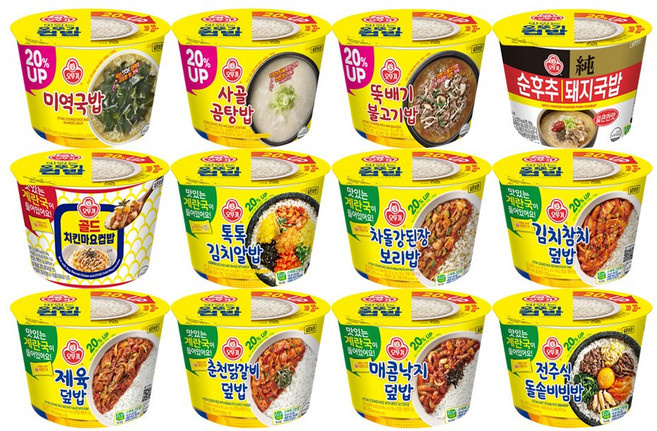 오뚜기 컵밥 12종세트(미역국밥+사골곰탕밥+뚝불+얼큰순후추돼지국밥+톡톡김치알밥+차돌강된장+치킨마요+김치참치+제육덮밥+춘천닭갈비+매콤낙지+돌솥비빔), 3.352kg, 1세트