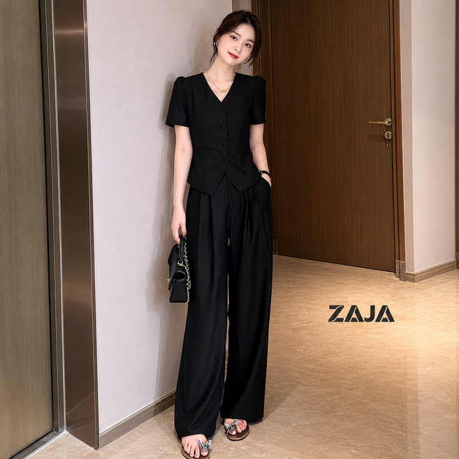 ZAJA 여성 여름 투피스 정장 반팔 하객룩 셋트 루즈핏 데일리 캐주얼