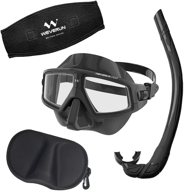 위베런 크러쉬 프리다이빙 스노클링 마스크 세트 + 머리엉킴방지 스트랩커버 + 고급케이스, 블랙