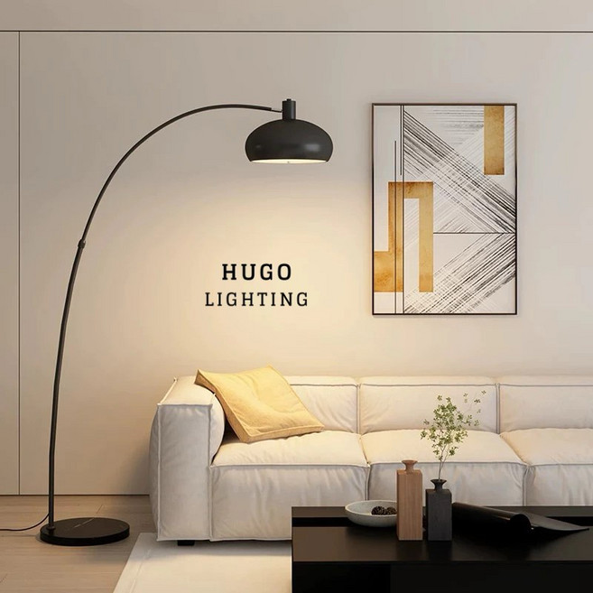 雨果燈飾 大型拋物線落地燈 現代客廳閱讀燈 大理石底座, 砂黑色 / 腳踏開關款