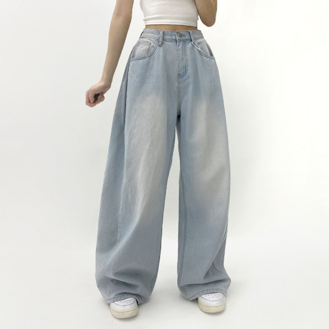 옆핀턱 (2단기장)루즈 벌룬 하체커버 빈티지 맥시 오버핏 와이드 데님 팬츠
