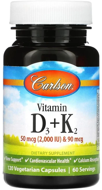 칼슨 비타민D3 플러스 K2 50mcg 2000IU 90mcg 베지캡슐 120정, 1개 - 쿠팡