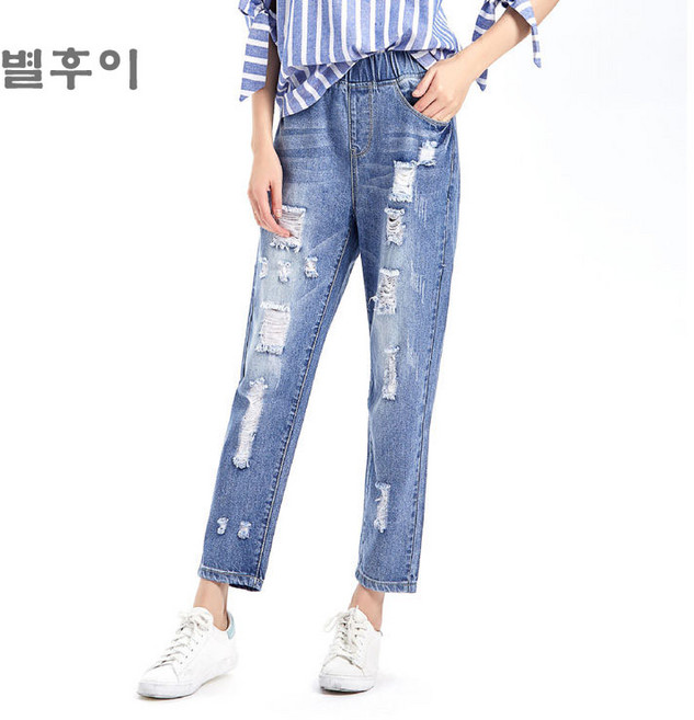 별후이 여성용 여름 빅사이즈 데님 팬츠 밴딩 하이웨스트 9부 찢어진 슬림배기 청바지