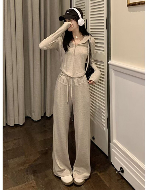 時尚運動連帽長袖外套闊腿長褲休閒套裝女春秋必備兩件套 a0298