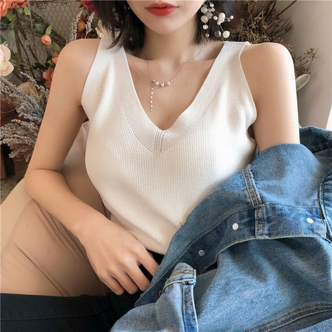 大尺碼冰絲吊帶背心女外穿夏季無袖針織衫韓版寬鬆V領短款打底衫上衣潮