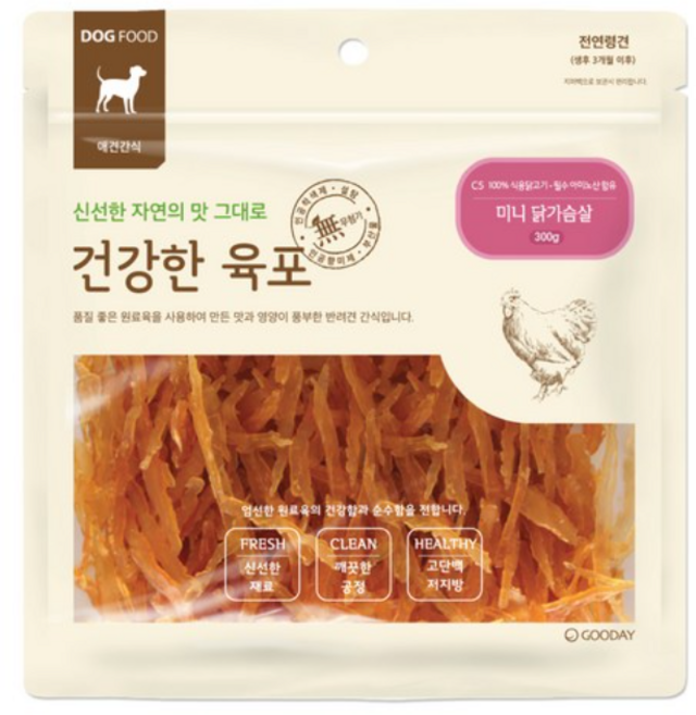 굿데이 건강한육포 반려견간식 300g, 미니 닭가슴살, 3개